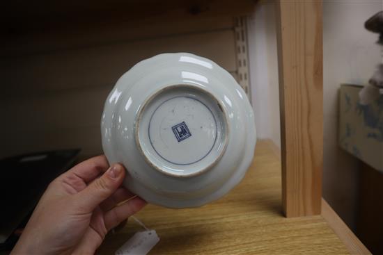A Chinese Yixing teapot, a Chinese blue and white plate and a Japanese dish (3)